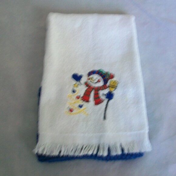 Hand Crochet Blue Holiday Snowman Hand Towel 12" x 20" - Picture 5 of 5